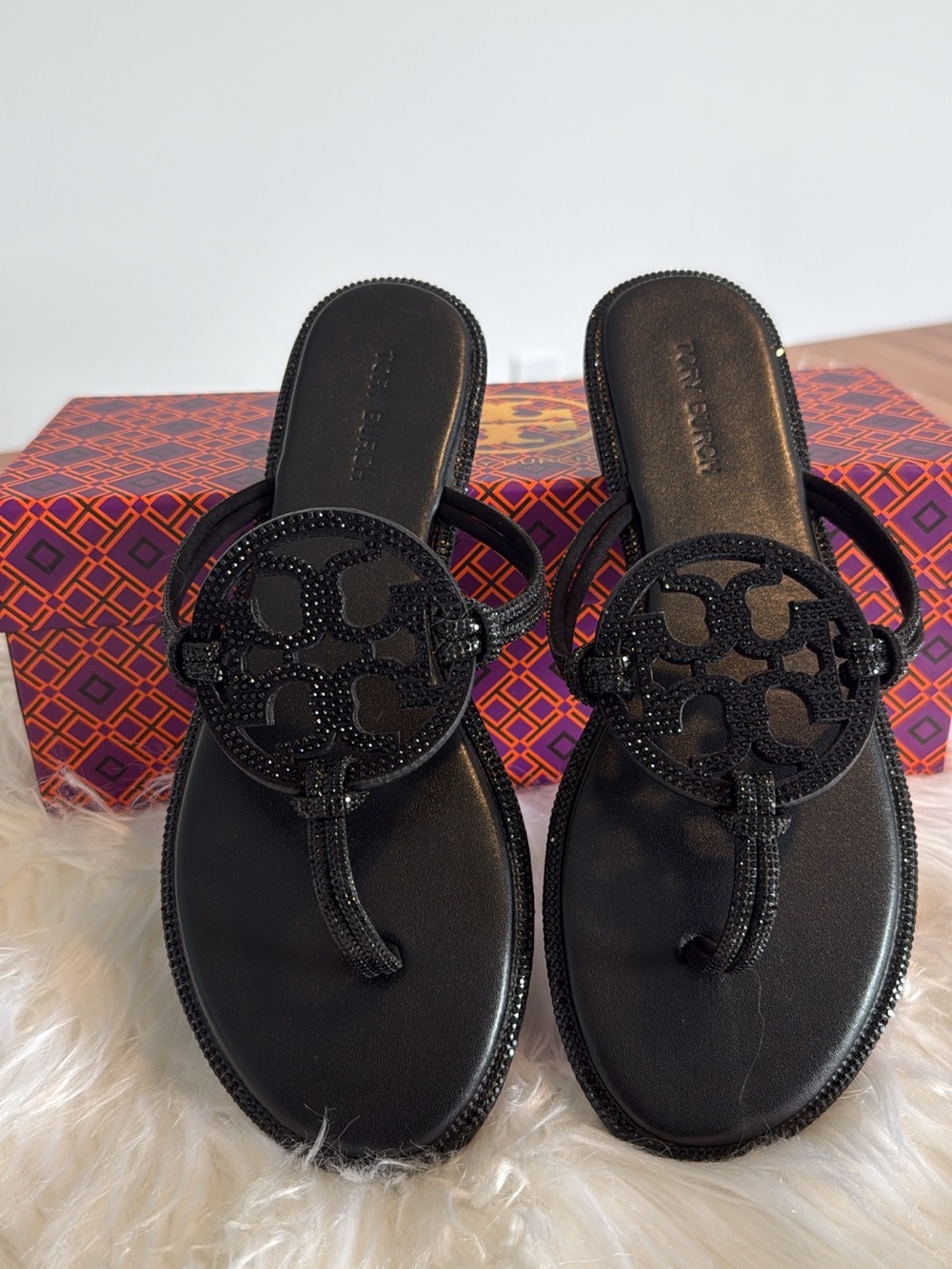 Tory Burch Black Logo Crystal Miller Sandals